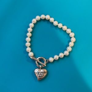 Carolee Sterling Silver Heart w/French Writing and Faux Pearl Bracelet 7.5”